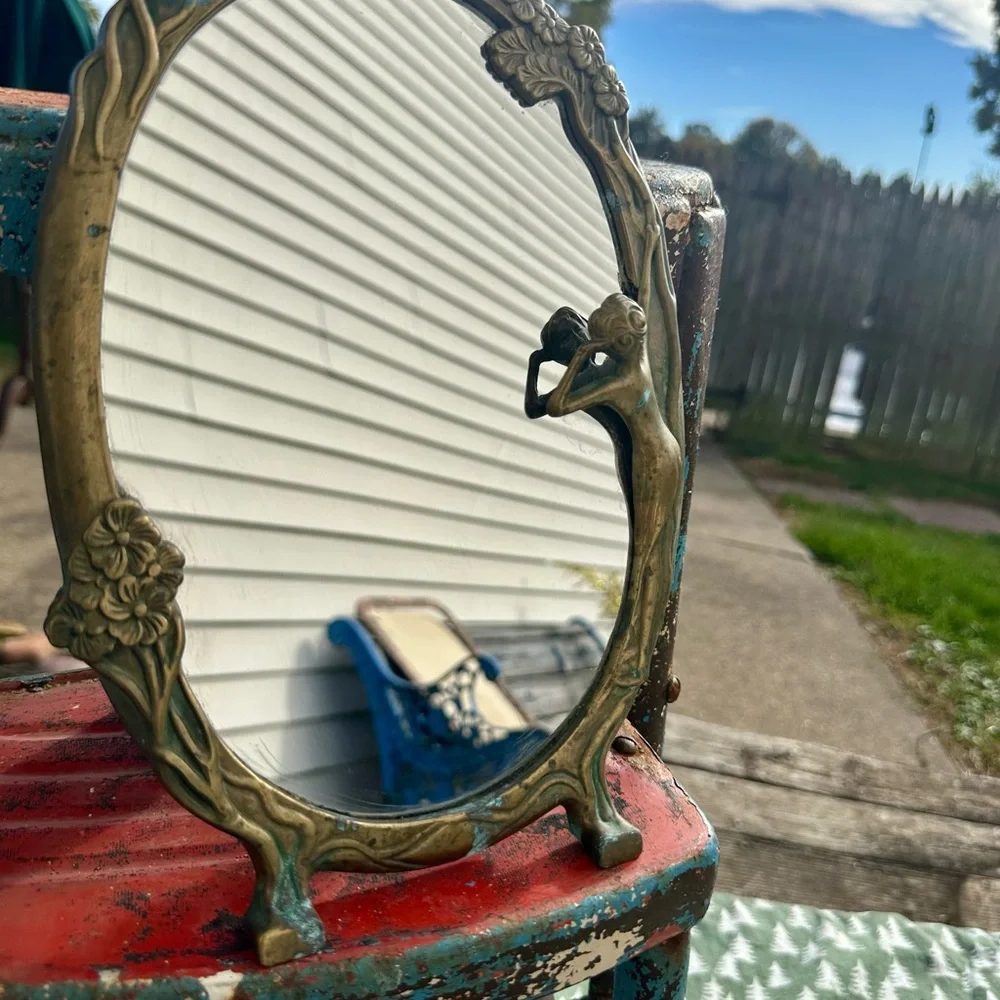 Antique Art Nouveau Brass Vanity Table Top Footed Mirror Lady by the Lake